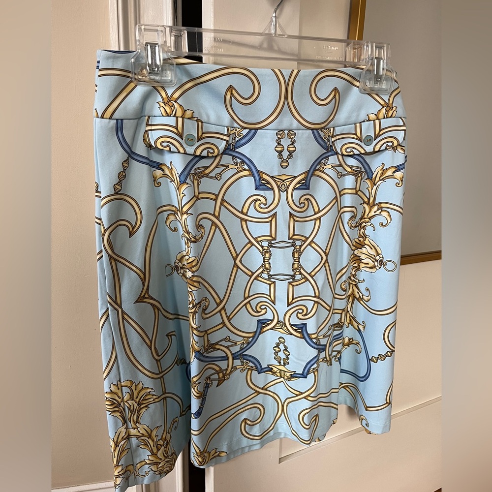 J. McLaughlin Isabella Half Circle Skirt, Lt Blue/Gold Status Print. Sz 4. NWT